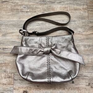 Brighton Cleo Bow Shoulder Bag Pewter Metallic Leather Y2K Coquette Chic